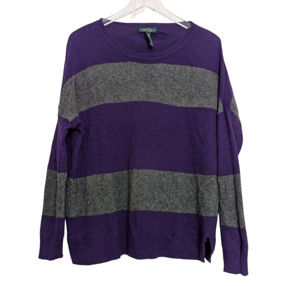 Lauren Ralph Lauren Stripe Sweater Womens Size Medium Purple Gray Wool Cashmere - Picture 1 of 9